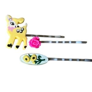 Spink Vintage Yellow Hair Pins Whimsical Deer Floral Clips Accessories